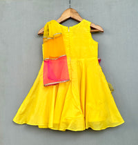 Bright Yellow Ethnic Dress with 3 colour attached dupatta