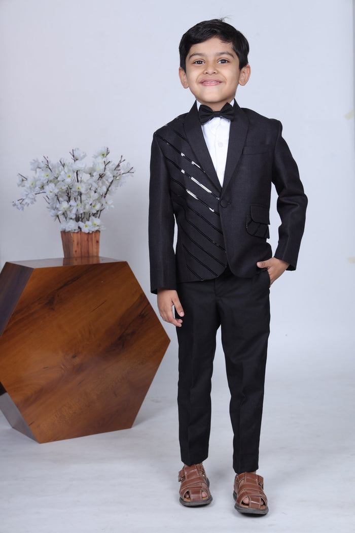 Black Tuxedo With Stylish Panel Shirt Pant With Bowtie Set