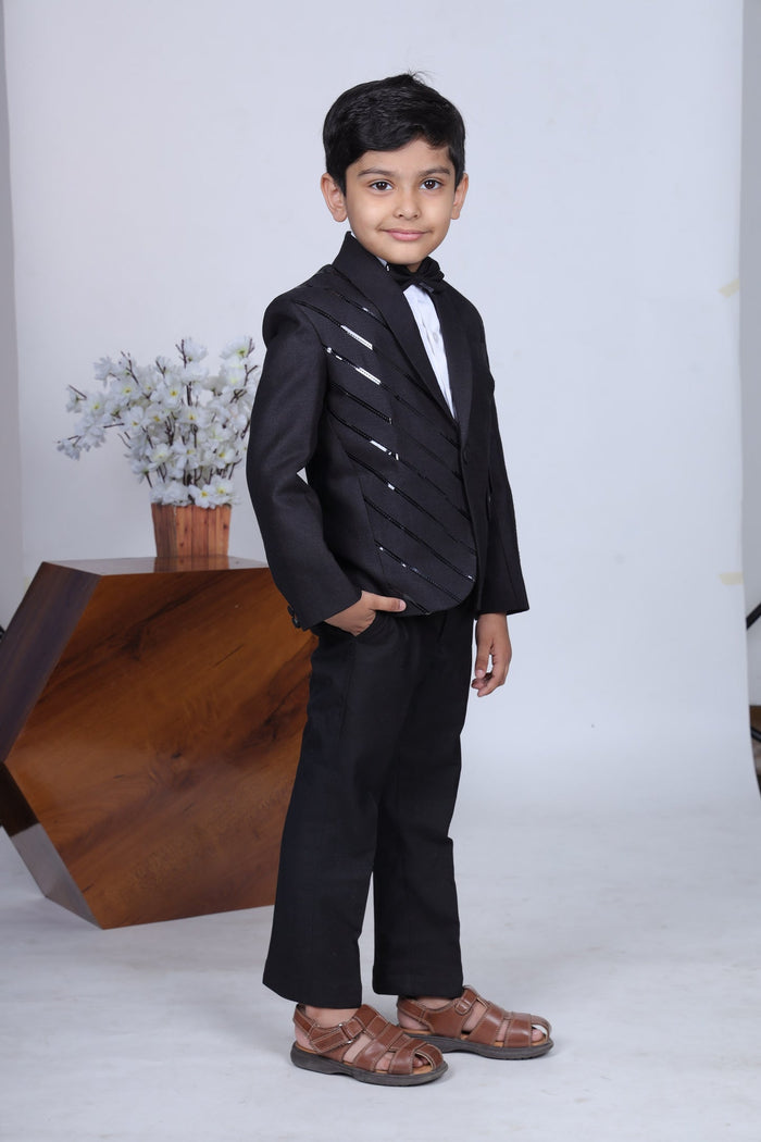 Black Tuxedo With Stylish Panel Shirt Pant With Bowtie Set