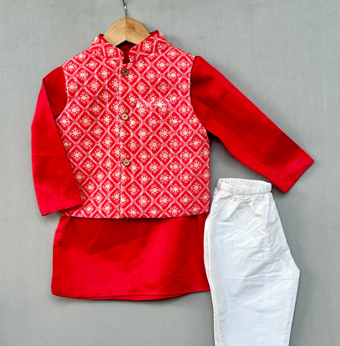 Ethnic Nehru Jacket Set with Red Kurta and Pants