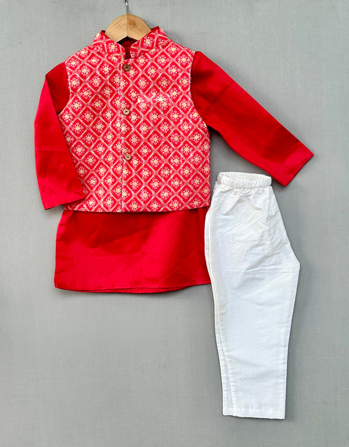 Ethnic Nehru Jacket Set with Red Kurta and Pants