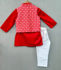 Ethnic Nehru Jacket Set with Red Kurta and Pants