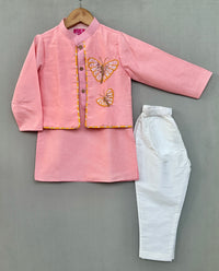 Butterfly embroidered attached jacket set in Pink
