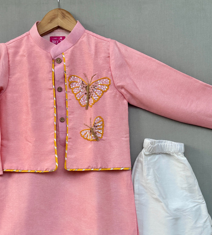 Butterfly embroidered attached jacket set in Pink