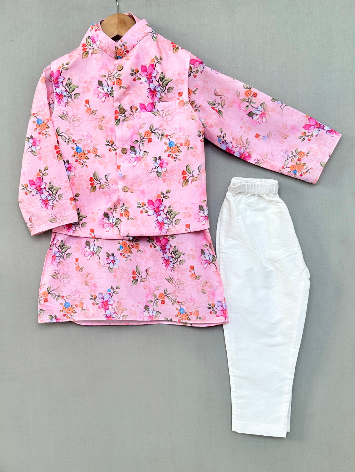 Pink Floral Print Nehru Jacket with Kurta and Pant