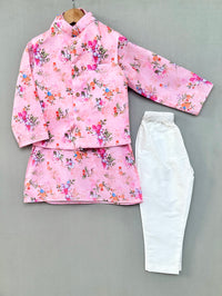 Pink Floral Print Nehru Jacket with Kurta and Pant