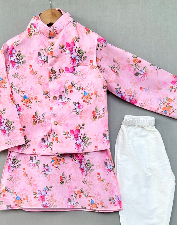 Pink Floral Print Nehru Jacket with Kurta and Pant