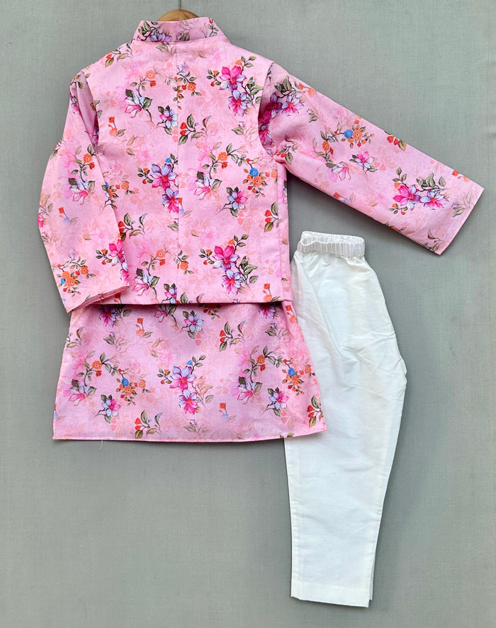 Pink Floral Print Nehru Jacket with Kurta and Pant