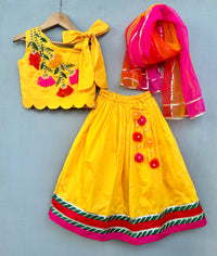 Floral & Pearl Embroidered Top with Matching Lehenga in Yellow