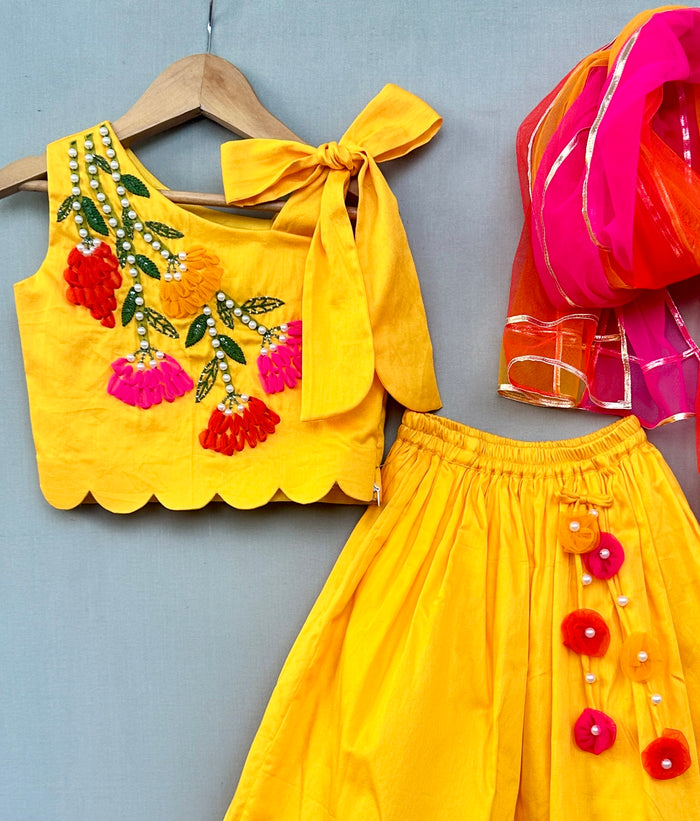 Floral & Pearl Embroidered Top with Matching Lehenga in Yellow