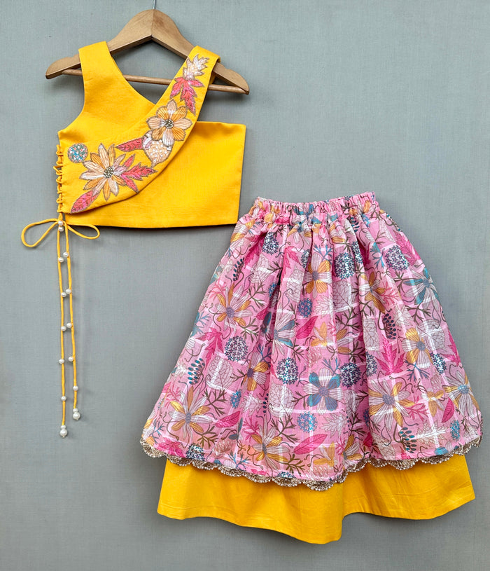 Trendy Top with Floral applique embroidery and matching pink lehenga