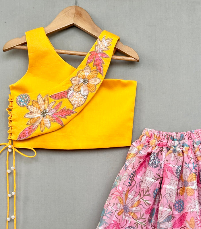 Trendy Top with Floral applique embroidery and matching pink lehenga