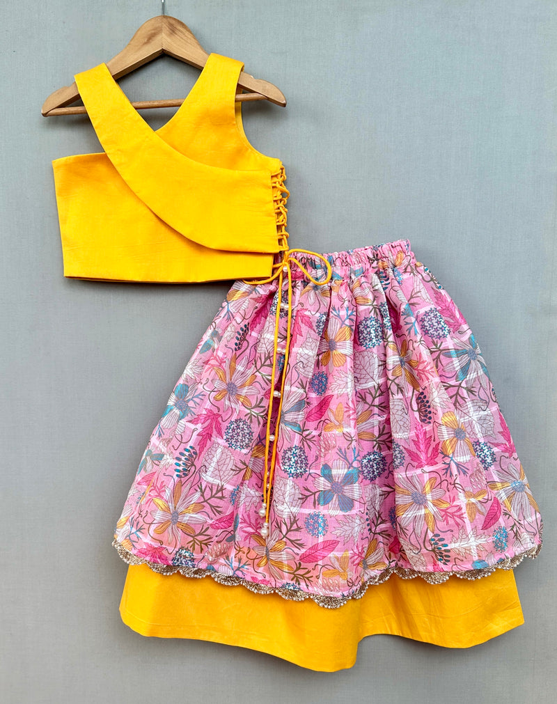 Trendy Top with Floral applique embroidery and matching pink lehenga