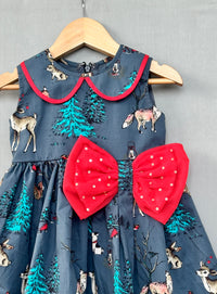 Woodland Print Grey Dress with Bow