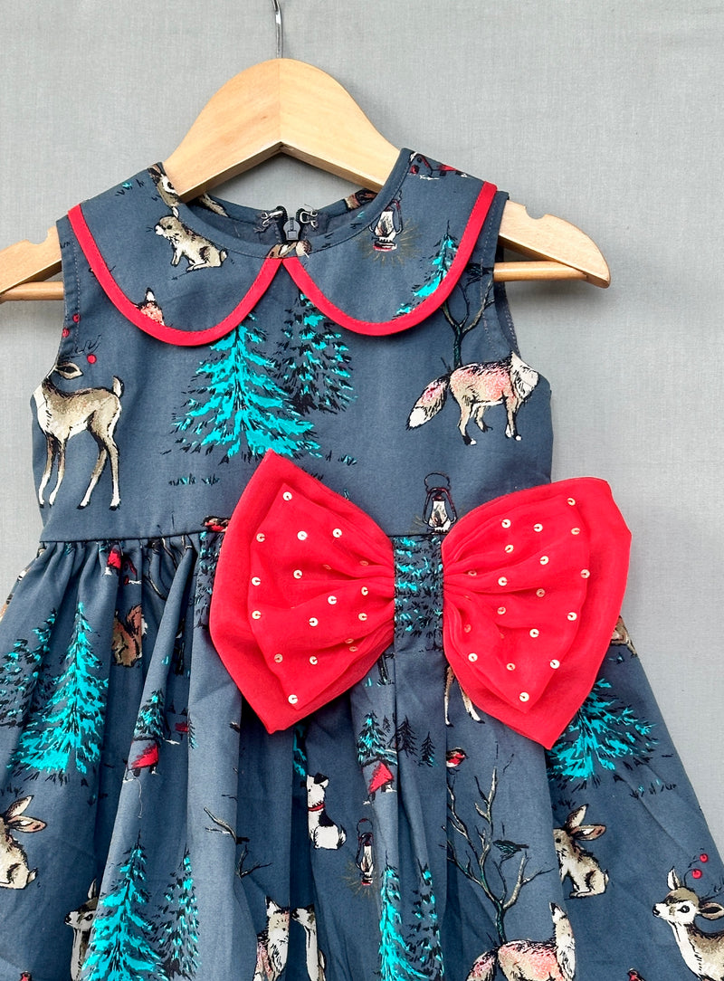 Woodland Print Grey Dress with Bow