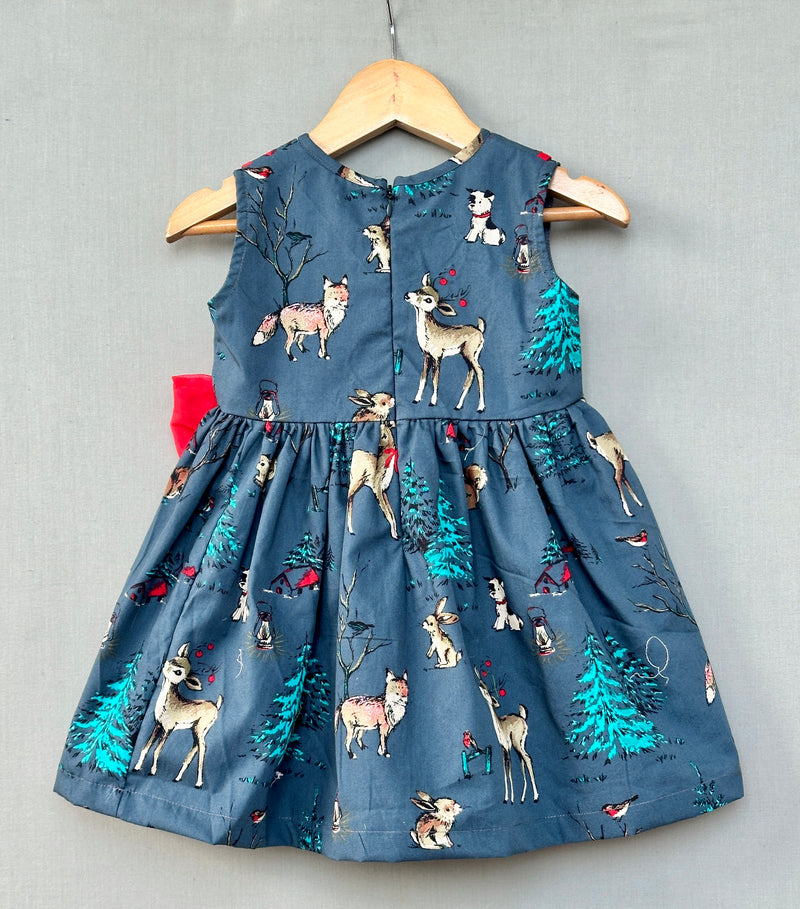 Woodland Print Grey Dress with Bow