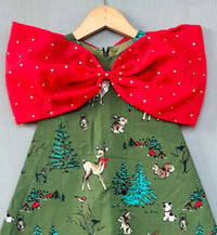 Animal Printed Green Aline Dress with Big Red Bow