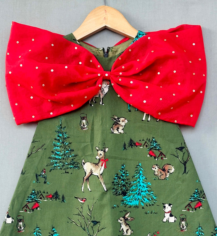 Animal Printed Green Aline Dress with Big Red Bow