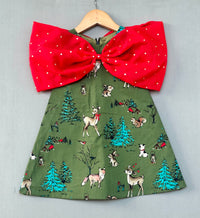 Animal Printed Green Aline Dress with Big Red Bow
