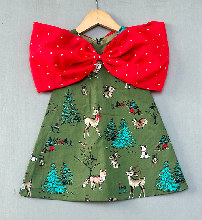 Animal Printed Green Aline Dress with Big Red Bow