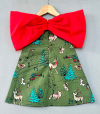 Animal Printed Green Aline Dress with Big Red Bow