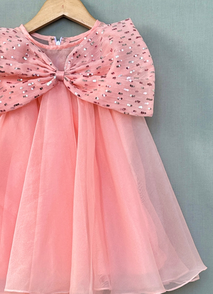 Peach Organza dress with Big Sequin Bow