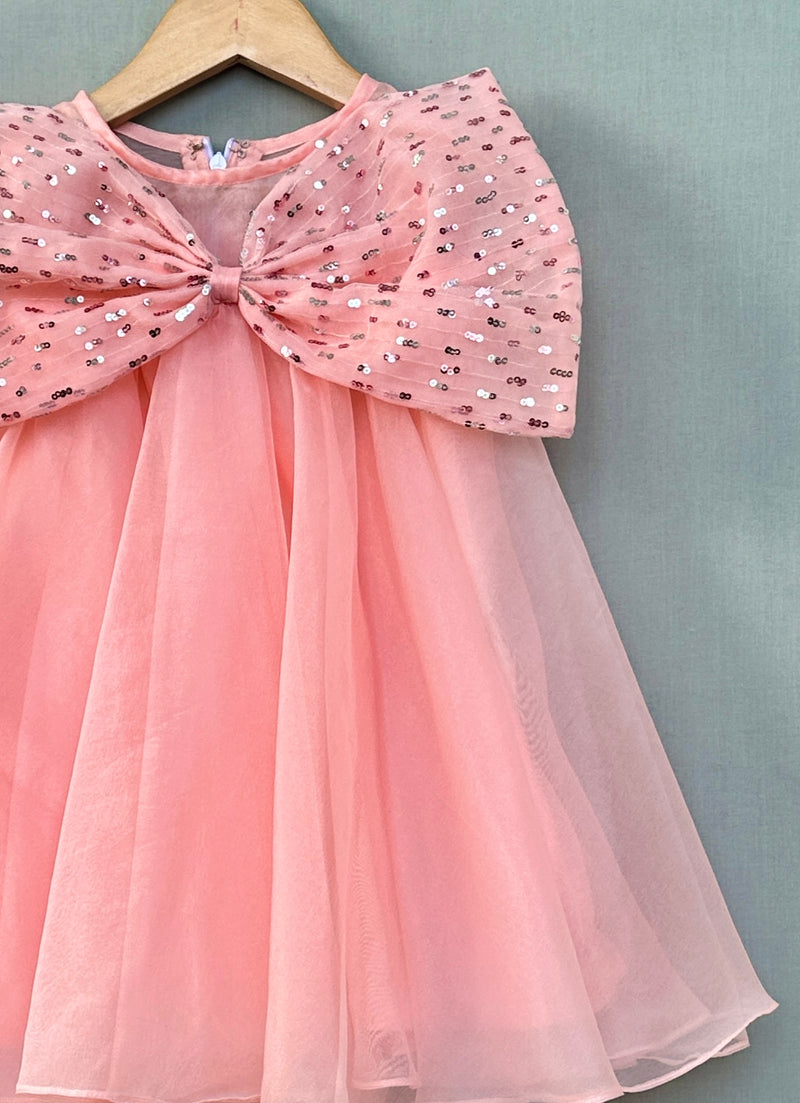 Peach Organza dress with Big Sequin Bow