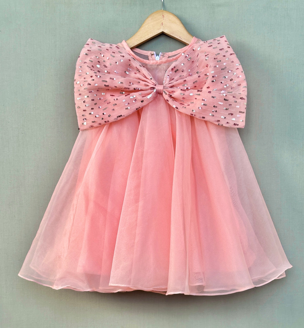 Peach Organza dress with Big Sequin Bow