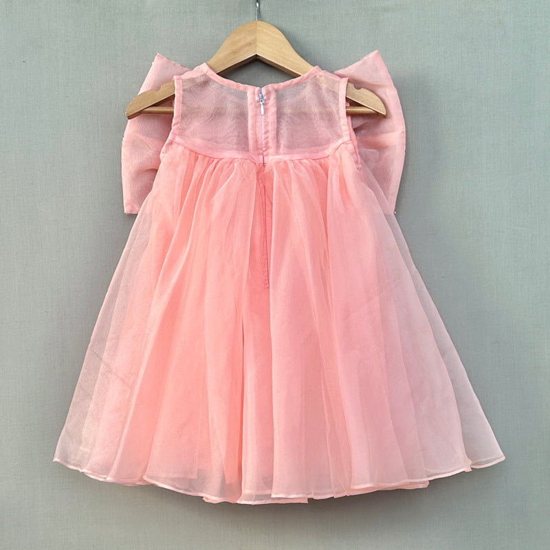 Peach Organza dress with Big Sequin Bow