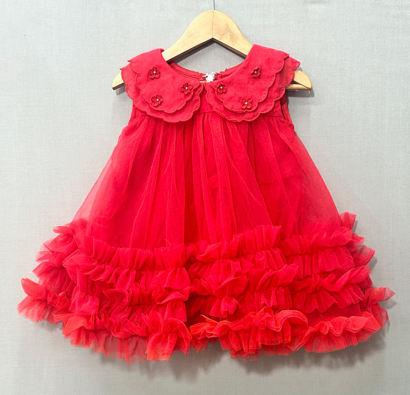 Red Scalloped Embroidered Collar Net Tulle Dress