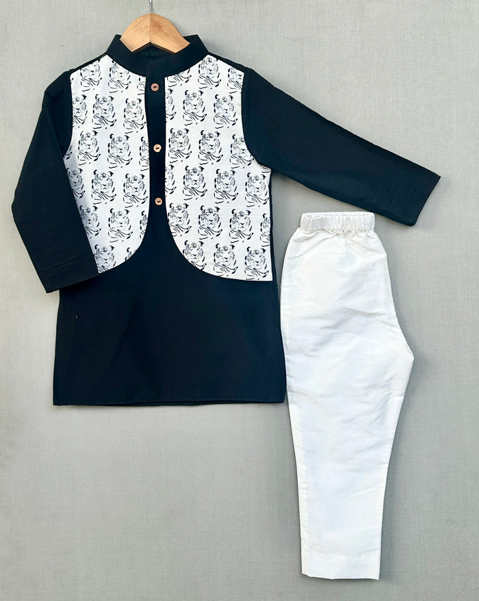 Tiger Printed Attached Nehru Jacket with Kurta & Pants