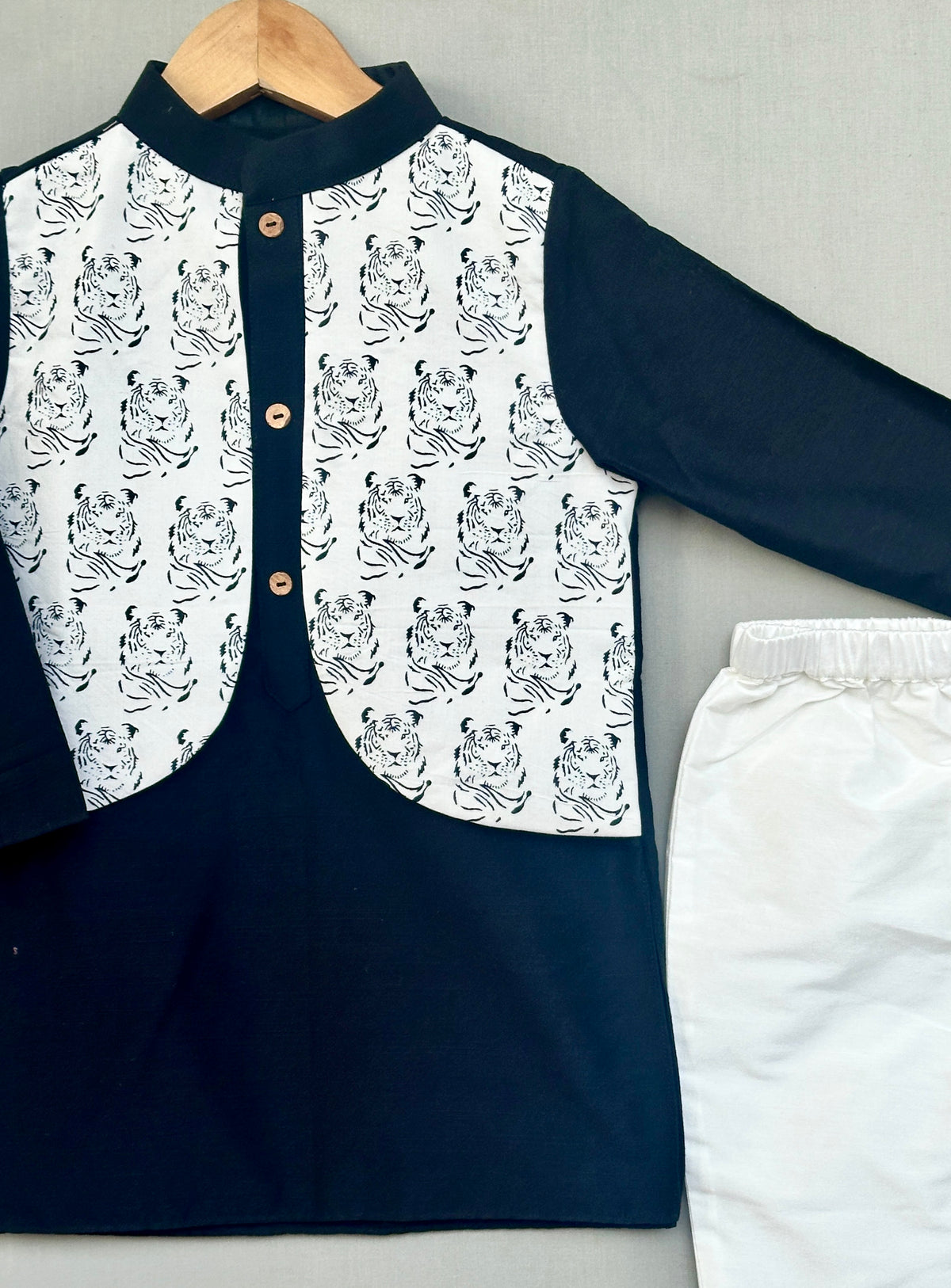 Tiger Printed Attached Nehru Jacket with Kurta & Pants