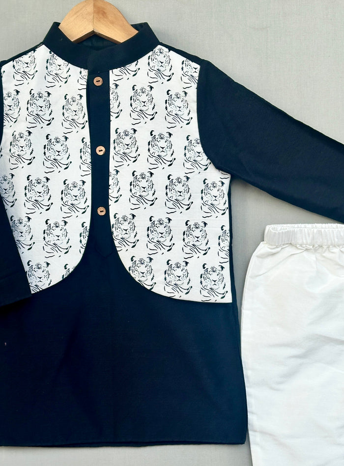Tiger Printed Attached Nehru Jacket with Kurta & Pants