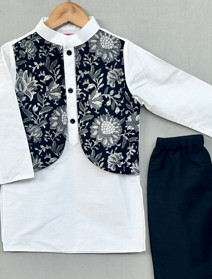 Floral Printed Attached Nehru Jacket with Kurta & Pants