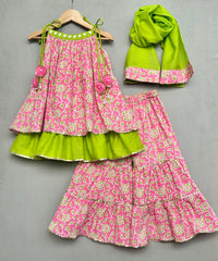 Pink & Green Cotton Sharara Set with Dupatta