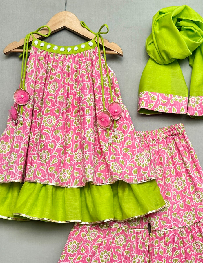 Pink & Green Cotton Sharara Set with Dupatta