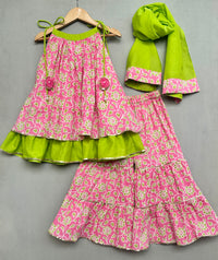 Pink & Green Cotton Sharara Set with Dupatta