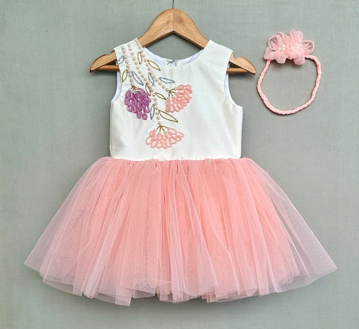 Floral Hand embroidered Dress with hairband