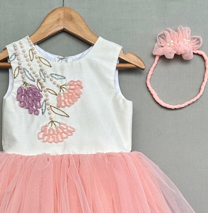 Floral Hand embroidered Dress with hairband