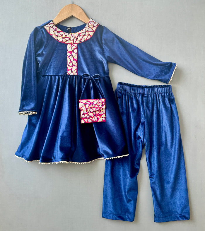 Applique embroidered Velvet Kurti with Pants