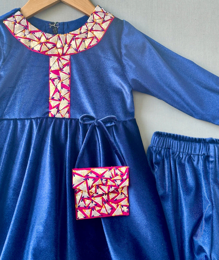 Applique embroidered Velvet Kurti with Pants