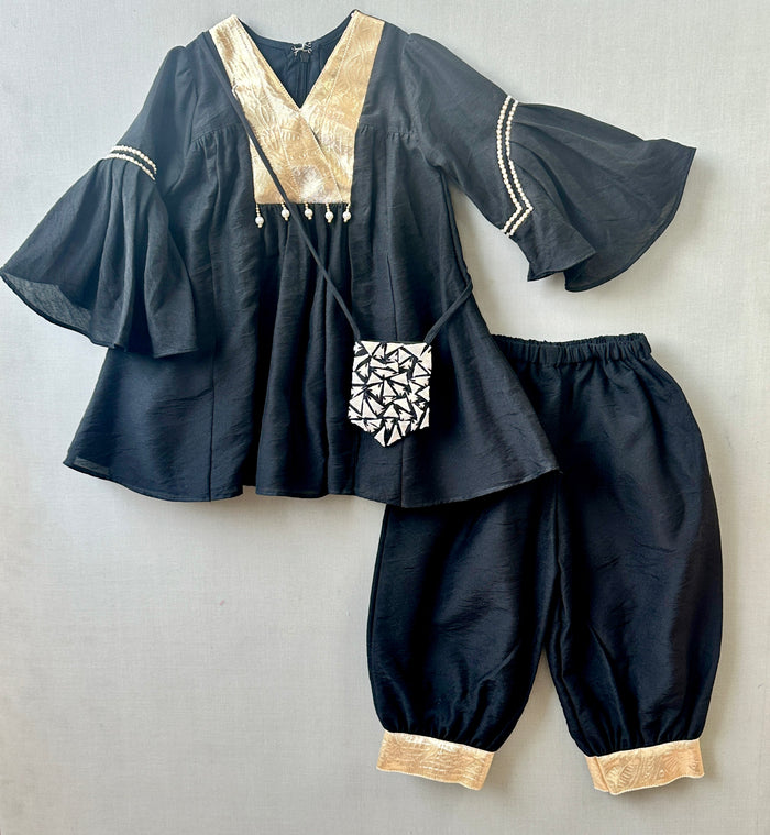Black & Gold Kurti Patiala set with Sling Bag