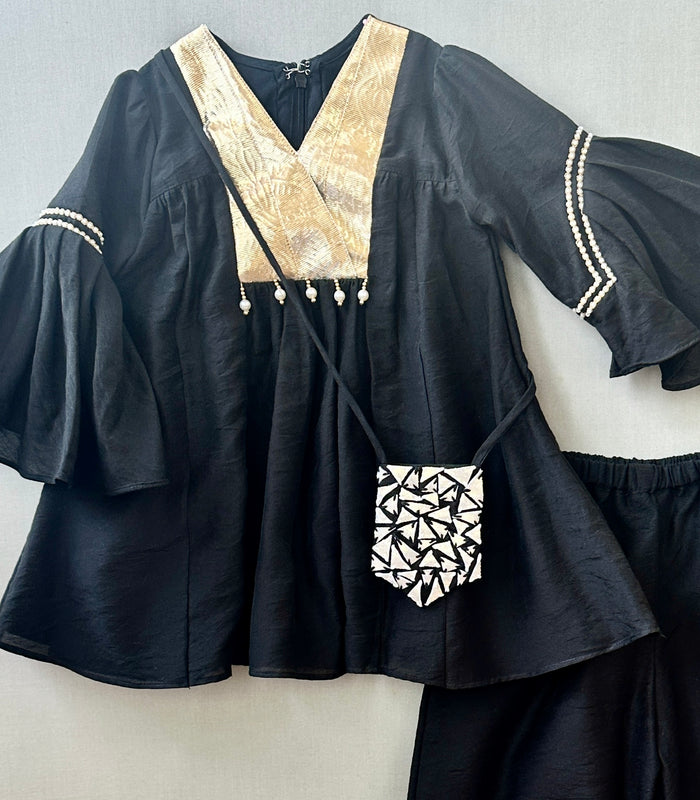 Black & Gold Kurti Patiala set with Sling Bag