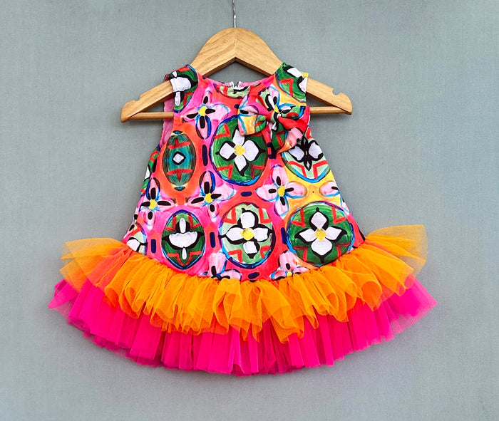 Abstract Printed Dress With Colorful Frills