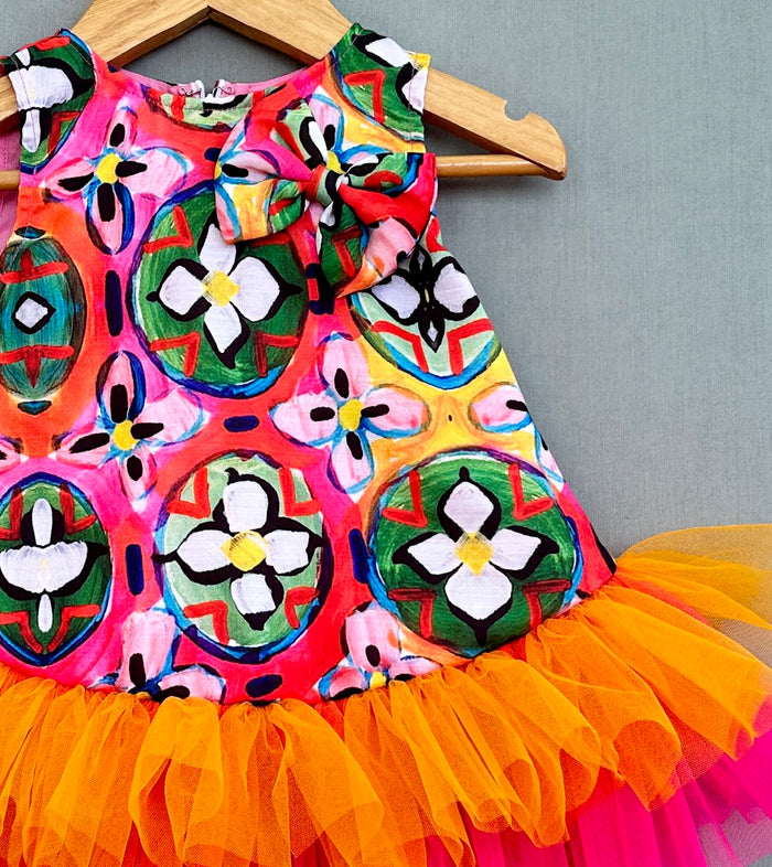 Abstract Printed Dress With Colorful Frills