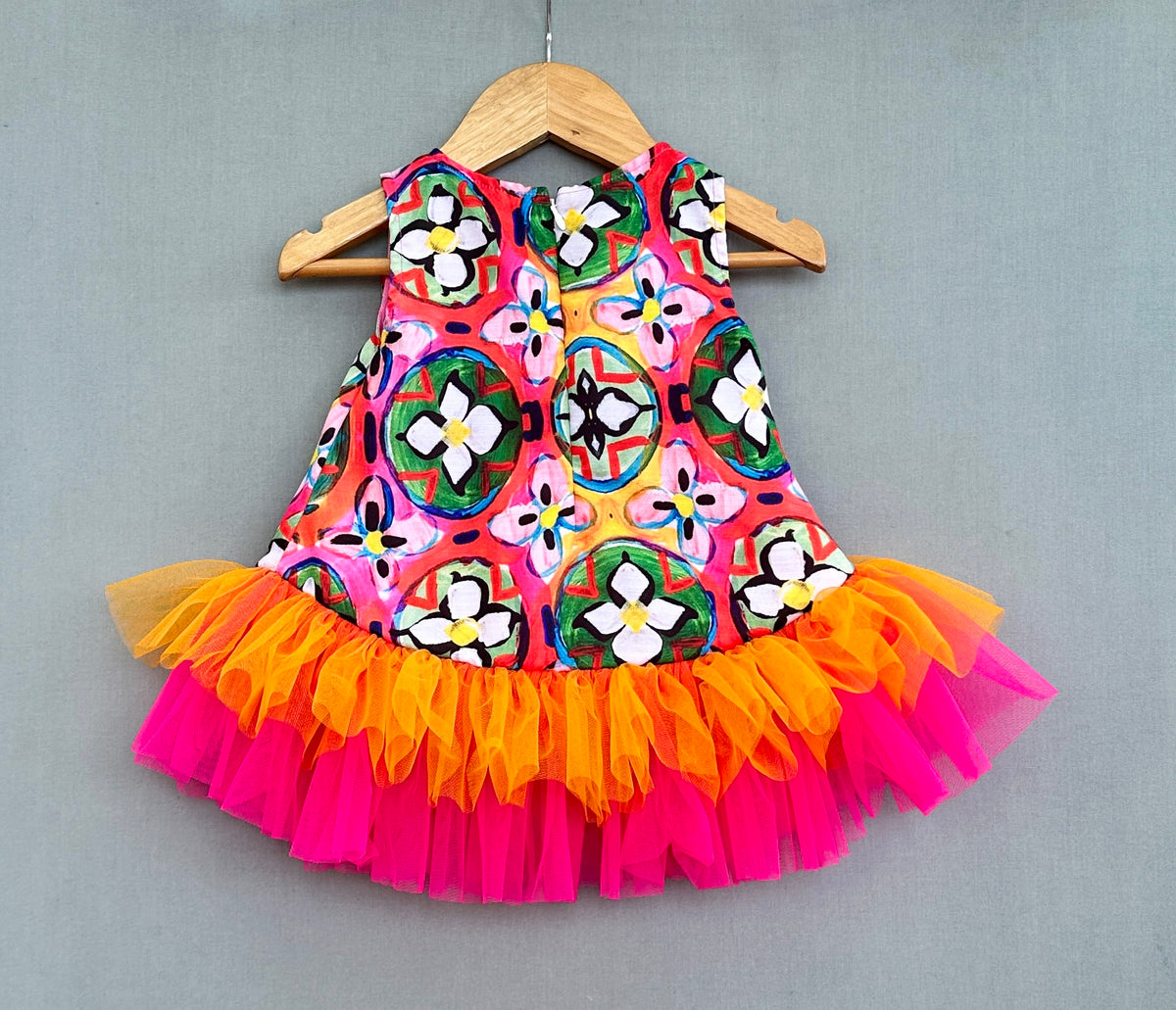 Abstract Printed Dress With Colorful Frills