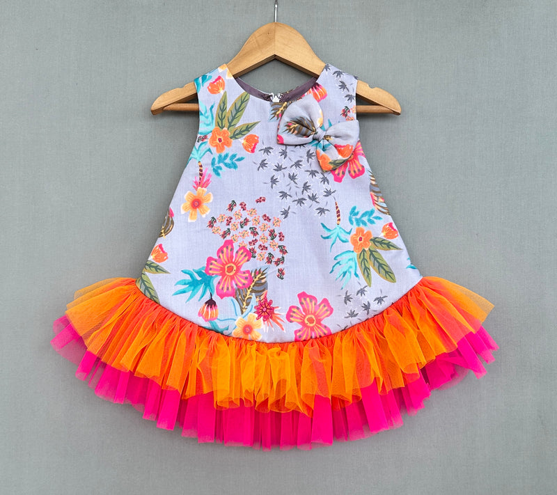 Floral Printed Dress With Colorful Frills