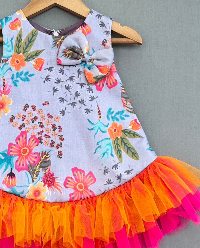 Floral Printed Dress With Colorful Frills