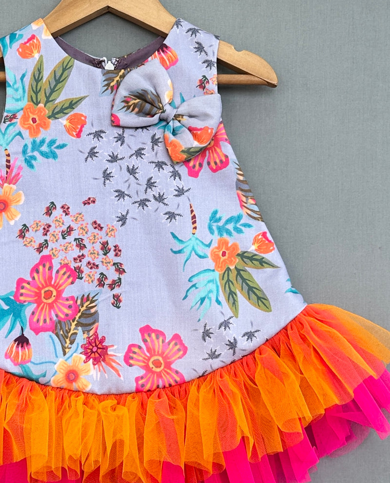 Floral Printed Dress With Colorful Frills