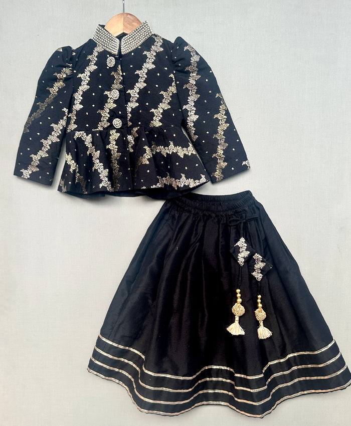 Royal Black Brocade Peplum Blouse with lehenga